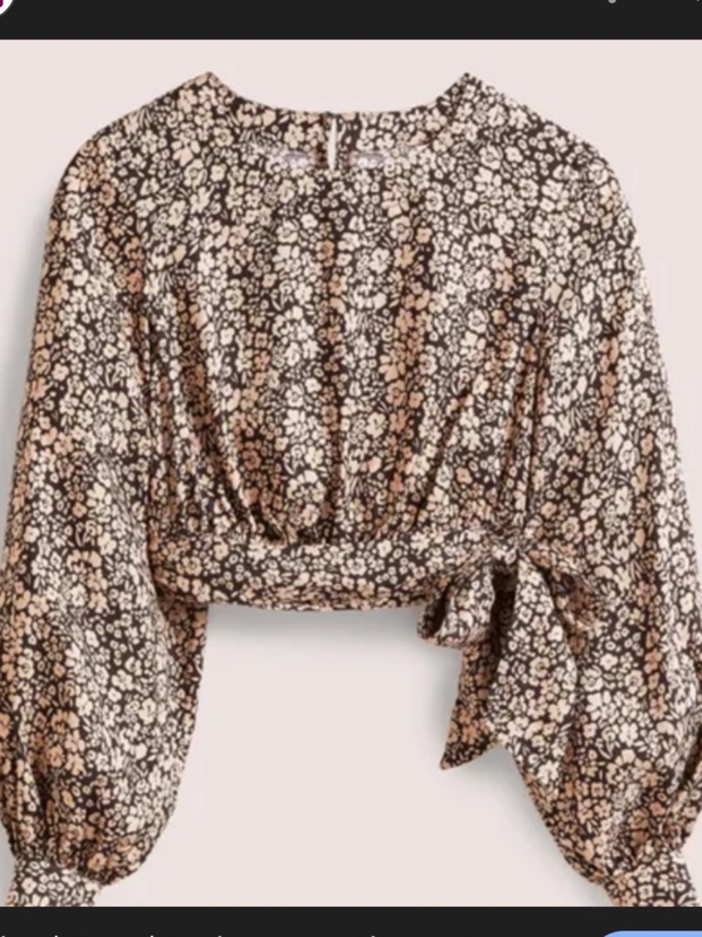 NWT Boden Brown Floral Long-Sleeve Cropped Tie-Front Top, size 12